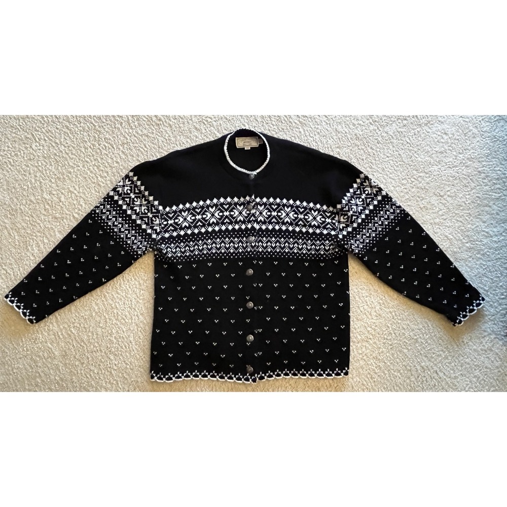 Vintage Jersild Black & White Fair Isle Cardigan Nordic Sweater Women XXL USA